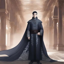 A noble character from the Mistborn series, dressed in elegant and elaborate clothing, standing in a grand and opulent hall with intricate designs and mist swirling around