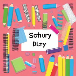 A vibrant and engaging school diary cover page featuring school supplies like pencils, notebooks, and rulers, with a cheerful and colorful background