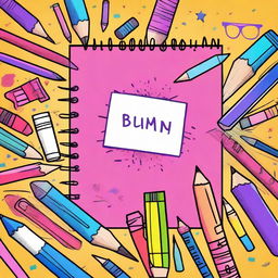 A vibrant and engaging school diary cover page featuring school supplies like pencils, notebooks, and rulers, with a cheerful and colorful background