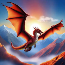 A majestic dragon soaring through the sky with its wings spread wide, scales glistening in the sunlight, and fiery breath streaming from its mouth