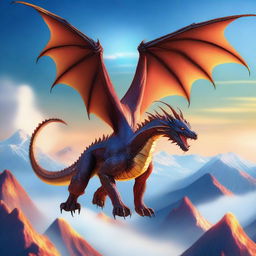 A majestic dragon soaring through the sky with its wings spread wide, scales glistening in the sunlight, and fiery breath streaming from its mouth