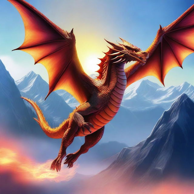 A majestic dragon soaring through the sky with its wings spread wide, scales glistening in the sunlight, and fiery breath streaming from its mouth