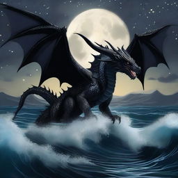 A black dragon flying over the sea with its wings spread wide