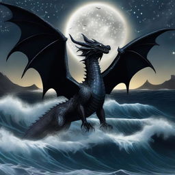 A black dragon flying over the sea with its wings spread wide