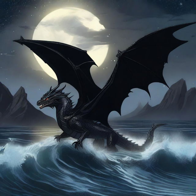 A black dragon flying over the sea with its wings spread wide