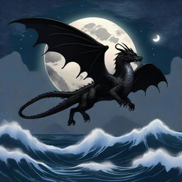 A black dragon flying over the sea with its wings spread wide