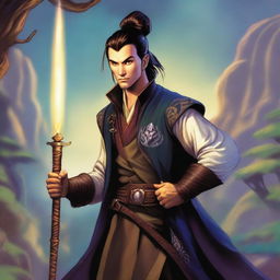 A male Kender from the Dragonlance universe, depicted as a warlock wielding a magical rapier