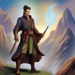 A male Kender from the Dragonlance universe, depicted as a warlock wielding a magical rapier