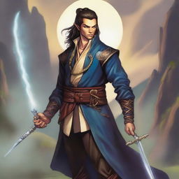 A male Kender from the Dragonlance universe, depicted as a warlock wielding a magical rapier