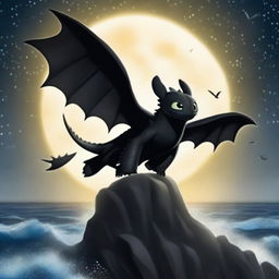 Toothless from 'How to Train Your Dragon' flying over the sea with his wings spread wide