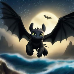 Toothless from 'How to Train Your Dragon' flying over the sea with his wings spread wide