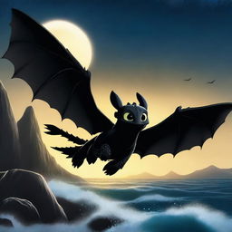 Toothless from 'How to Train Your Dragon' flying over the sea with his wings spread wide