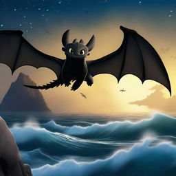 Toothless from 'How to Train Your Dragon' flying over the sea with his wings spread wide