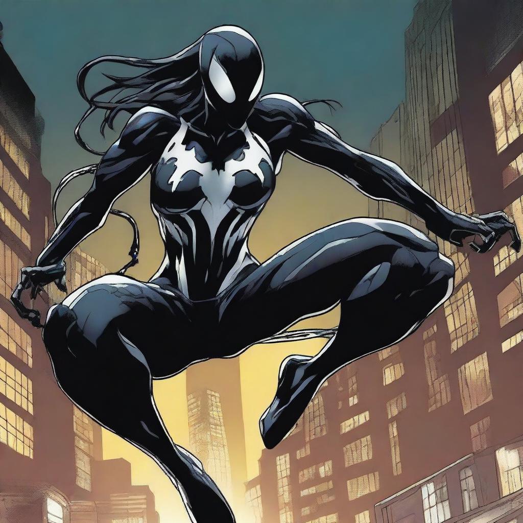 A detailed illustration of She-Venom, featuring her in a dynamic action pose