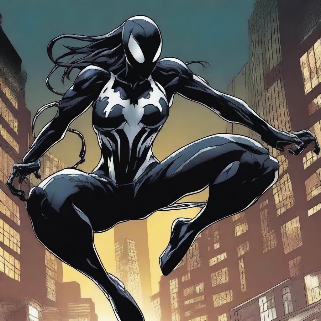 A detailed illustration of She-Venom, featuring her in a dynamic action pose