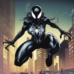 A detailed illustration of She-Venom, featuring her in a dynamic action pose