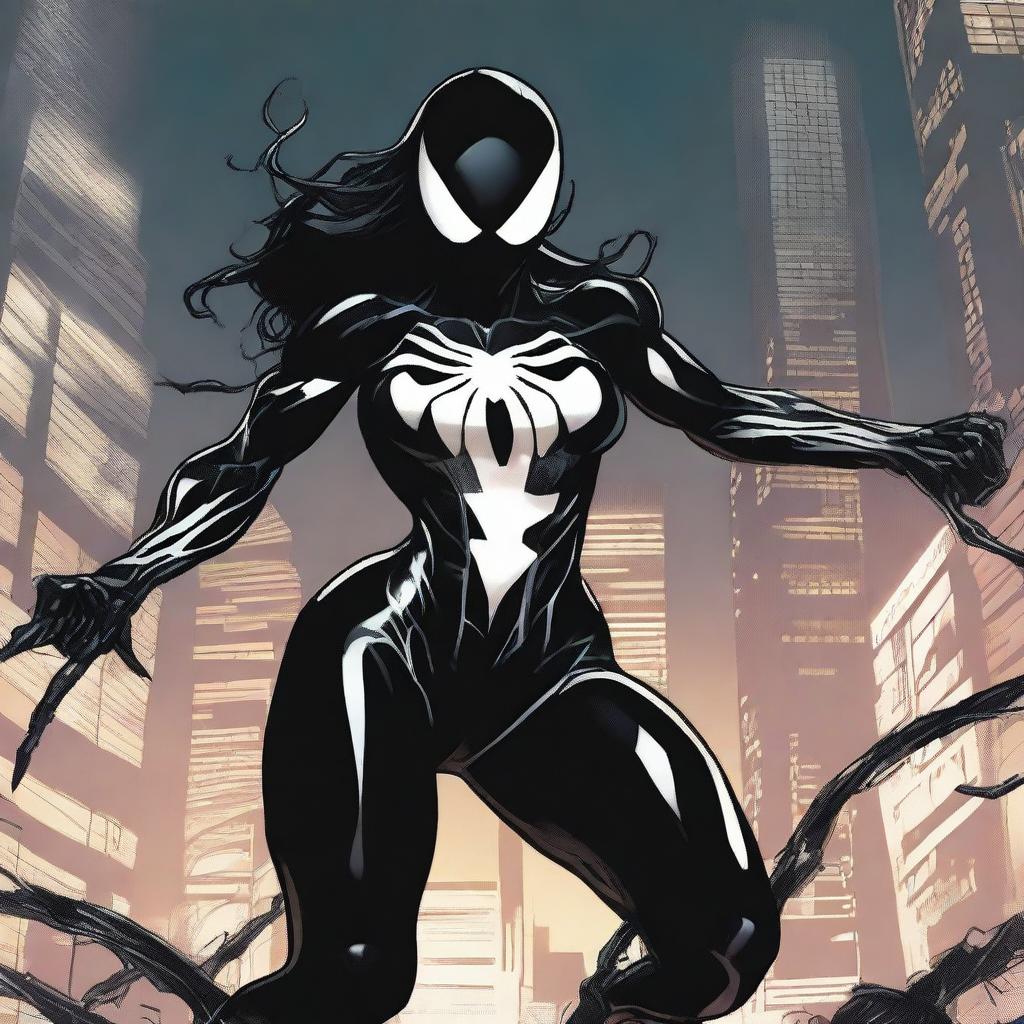 A detailed illustration of She-Venom, featuring her in a dynamic action pose