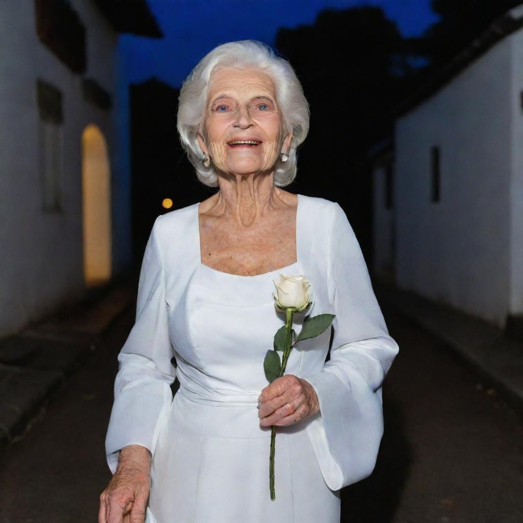 An elderly pomba gira with white hair and blue eyes, dressed in a white gown. Carrying a thin cigar and a practice leke, with a white rose behind her ear. Strolling on a dark street, lit solely by a full moon, heading towards an old colonial-style church. She sings gently while smiling.