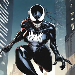 A detailed illustration of She-Venom, featuring her in a dynamic action pose