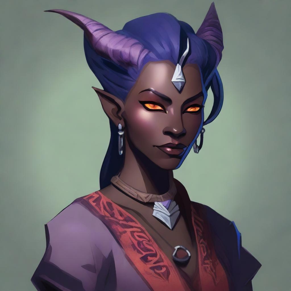 A female character who is half Drow and half Tiefling