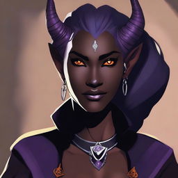 A female character who is half Drow and half Tiefling