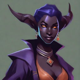 A female character who is half Drow and half Tiefling