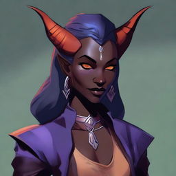 A female character who is half Drow and half Tiefling