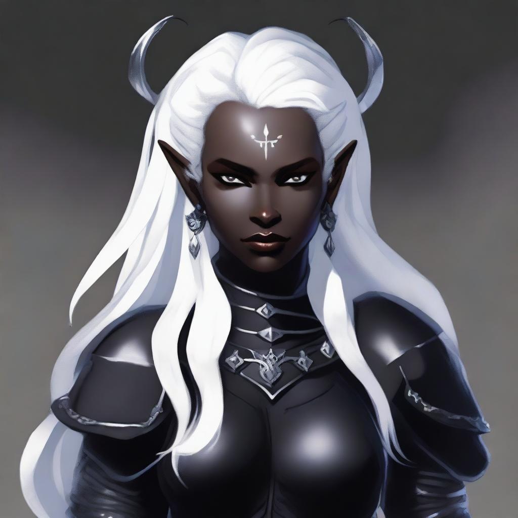 A female character who is half Drow and half Tiefling with striking white hair