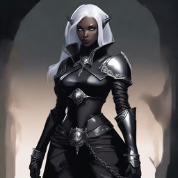 A female character who is half Drow and half Tiefling with striking white hair