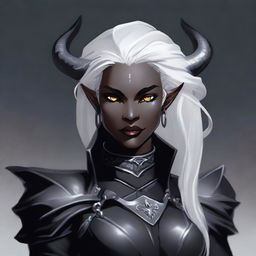 A female character who is half Drow and half Tiefling with striking white hair