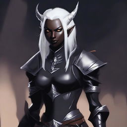 A female character who is half Drow and half Tiefling with striking white hair