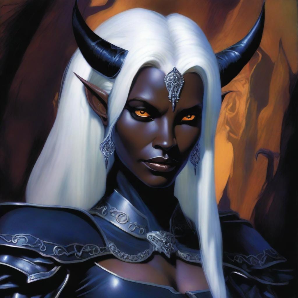 A female character who is half Drow and half Tiefling with striking white hair, depicted in the artistic style of Michael Whelan