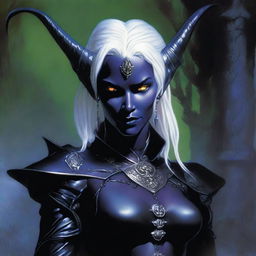 A female character who is half Drow and half Tiefling with striking white hair, depicted in the artistic style of Michael Whelan