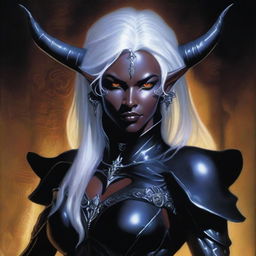 A female character who is half Drow and half Tiefling with striking white hair, depicted in the artistic style of Michael Whelan