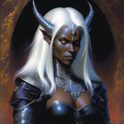 A female character who is half Drow and half Tiefling with striking white hair, depicted in the artistic style of Michael Whelan