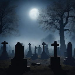 A dark, eerie scene of a graveyard at night with zombies rising from their graves