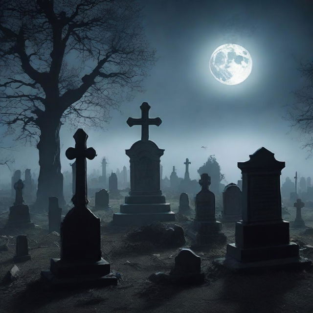 A dark, eerie scene of a graveyard at night with zombies rising from their graves