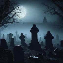 A dark, eerie scene of a graveyard at night with zombies rising from their graves