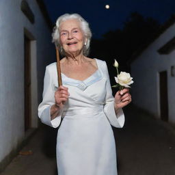 An elderly pomba gira with white hair and blue eyes, dressed in a white gown. Carrying a thin cigar and a practice leke, with a white rose behind her ear. Strolling on a dark street, lit solely by a full moon, heading towards an old colonial-style church. She sings gently while smiling.