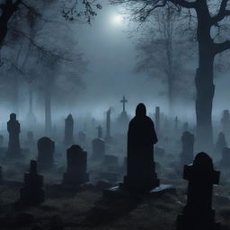 A dark, eerie scene of a graveyard at night with zombies rising from their graves