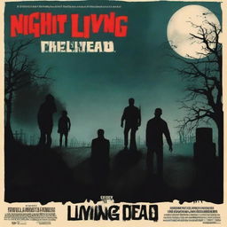 A movie poster for 'Night of the Living Dead' featuring a dark, eerie graveyard scene at night with zombies rising from their graves