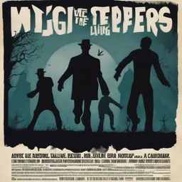 A movie poster for 'Night of the Living Steppers' featuring a dark, eerie graveyard scene at night with zombies rising from their graves