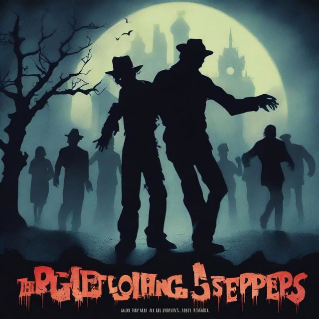 A movie poster for 'Night of the Living Steppers' featuring a dark, eerie graveyard scene at night with zombies rising from their graves