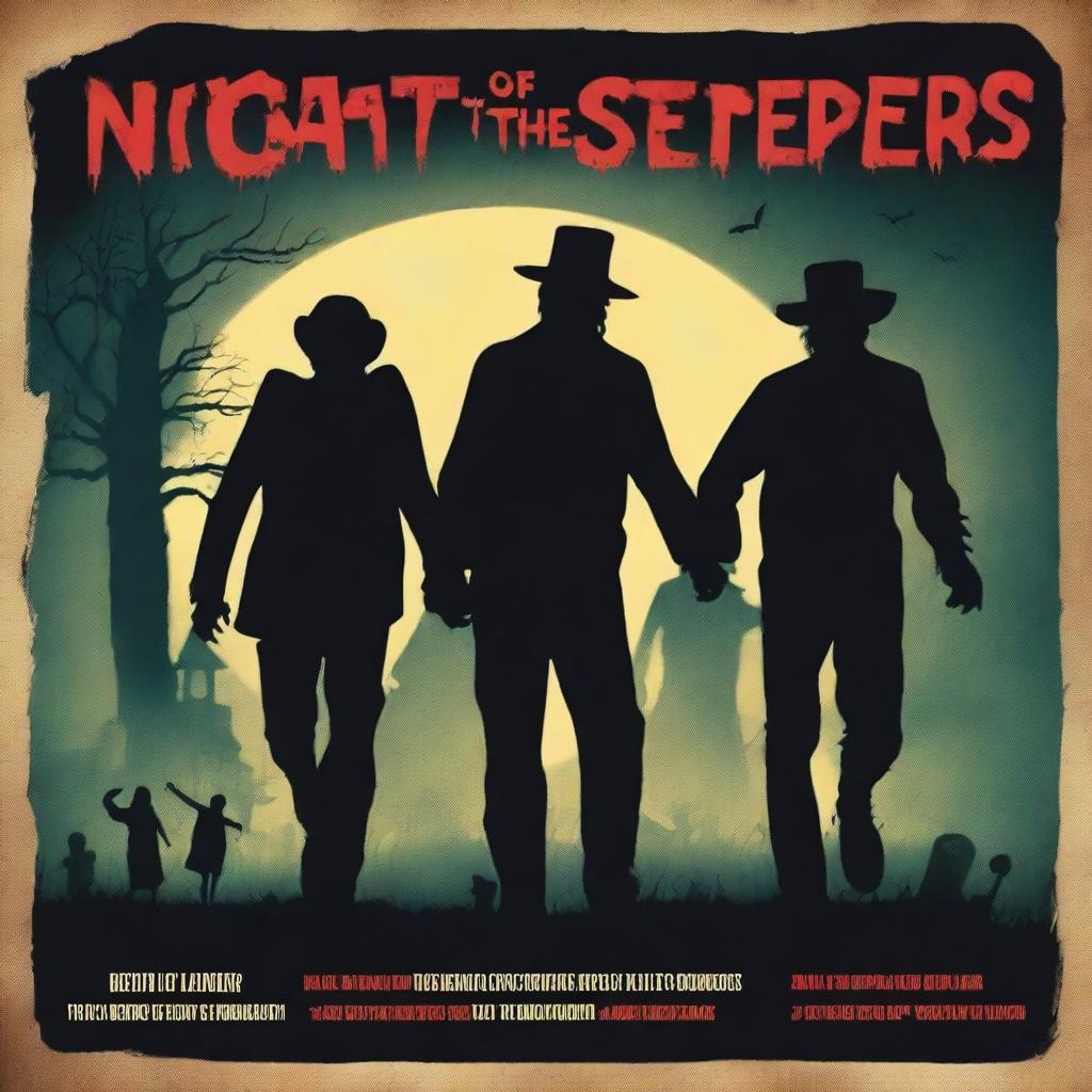 A movie poster for 'Night of the Living Steppers' featuring a dark, eerie graveyard scene at night with four zombies rising from their graves