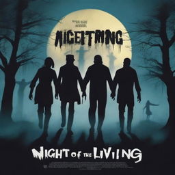 A movie poster for 'Night of the Living Steppers' featuring a dark, eerie graveyard scene at night with four zombies rising from their graves