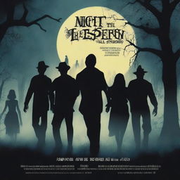 A movie poster for 'Night of the Living Steppers' featuring a dark, eerie graveyard scene at night with four zombies rising from their graves