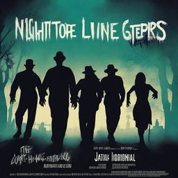 A movie poster for 'Night of the Living Steppers' featuring a dark, eerie graveyard scene at night with four zombies rising from their graves