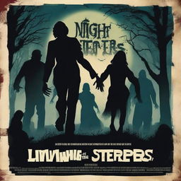 A movie poster for 'Night of the Living Steppers' featuring a dark, eerie graveyard scene at night with four zombies rising from their graves