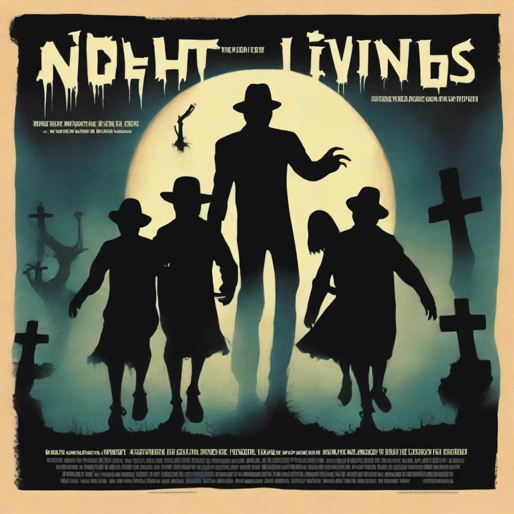 A movie poster for 'Night of the Living Steppers' featuring a dark, eerie graveyard scene at night with four zombies rising from their graves