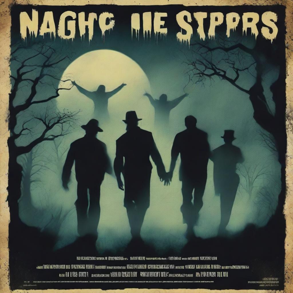 A film poster titled 'Night of the Living Steppers' featuring a dark, eerie graveyard scene at night